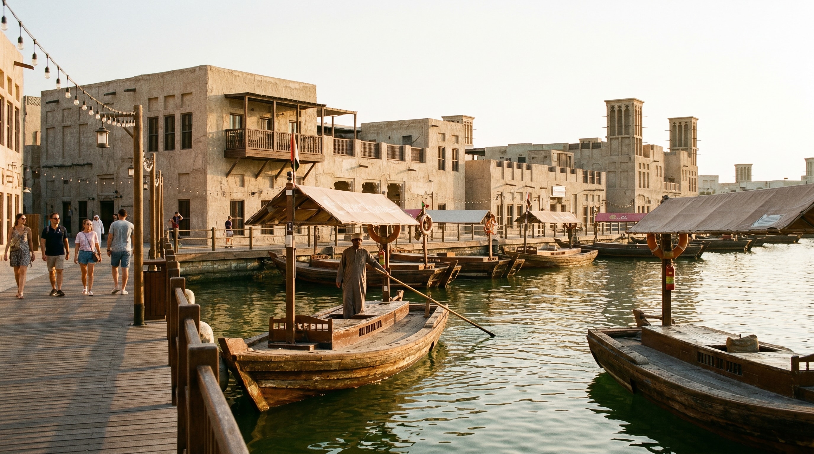 Al Seef waterfront on Dubai Creek with traditional abras, free things to do in Dubai