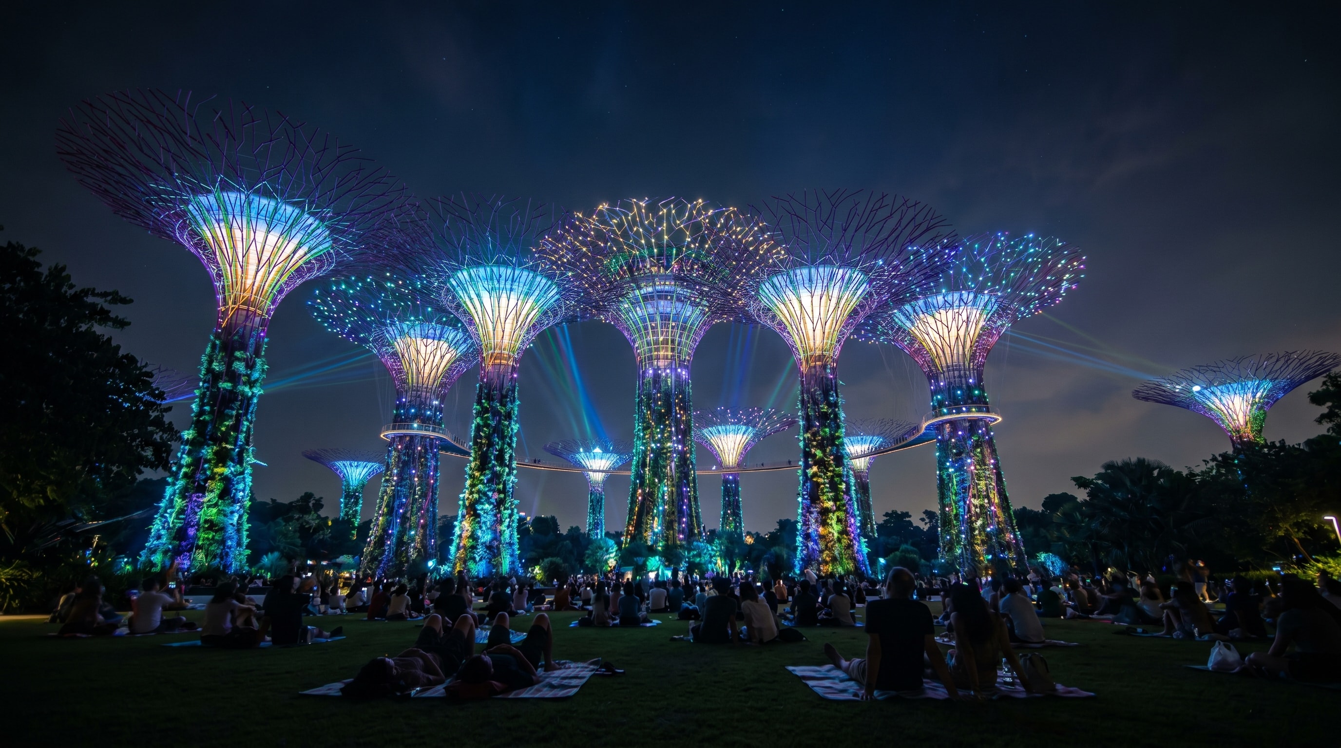 Supertree Grove lit up during Garden Rhapsody, one of the best free things to do in Singapore at night