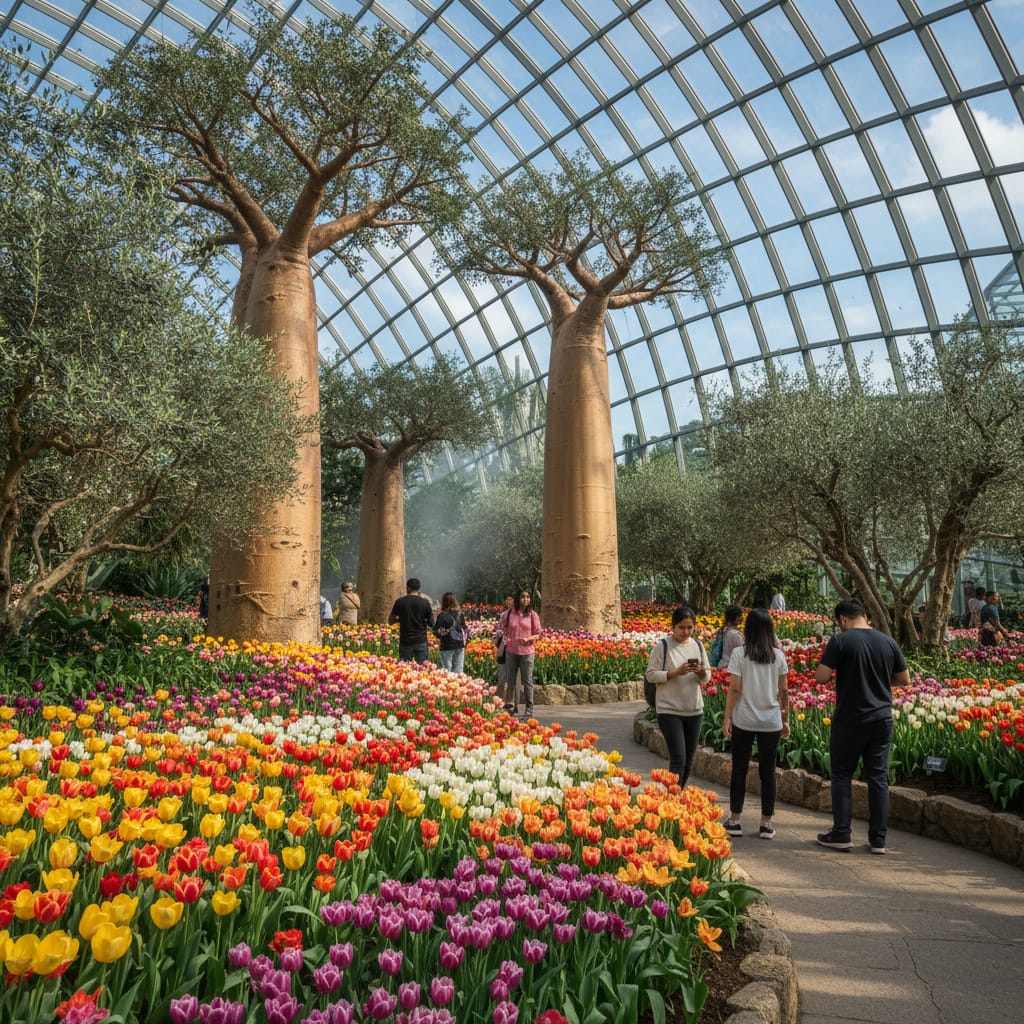 Flower Dome interior at Gardens by the Bay Singapore showing Mediterranean gardens