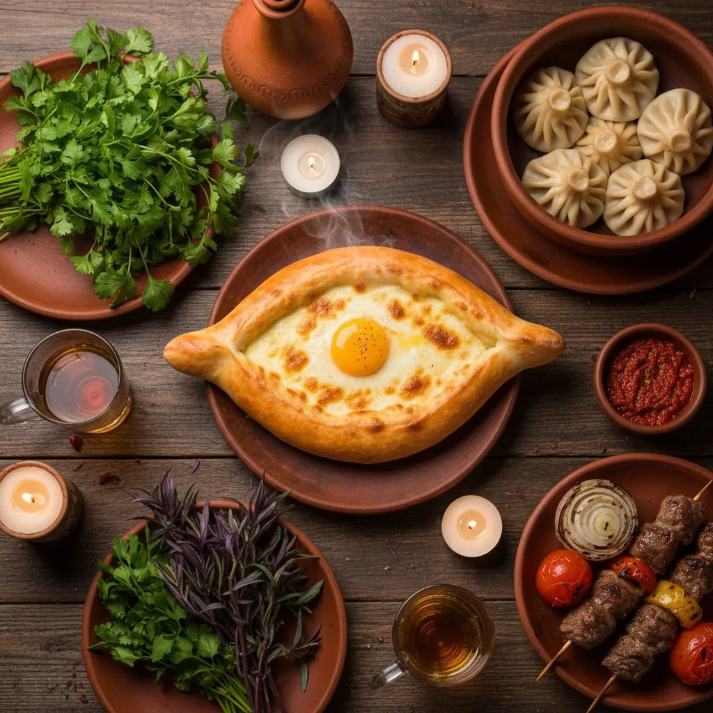 Georgia country travel guide for indians - Georgian food spread with khachapuri and khinkali