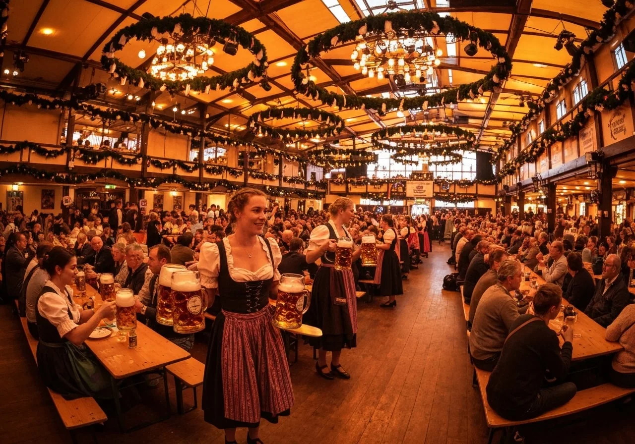 Munich Oktoberfest beer tent with crowds and traditional German decorations