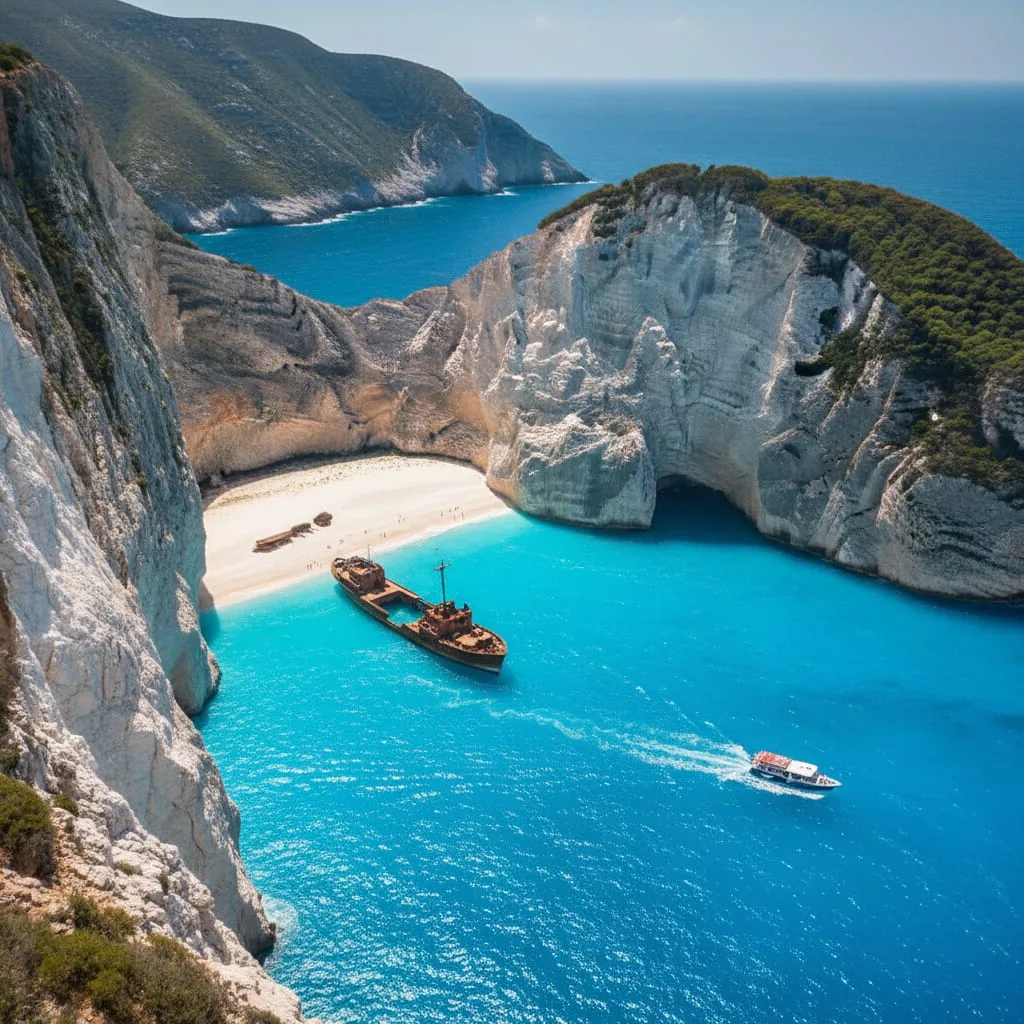 Navagio Shipwreck Beach Zakynthos turquoise water white cliffs