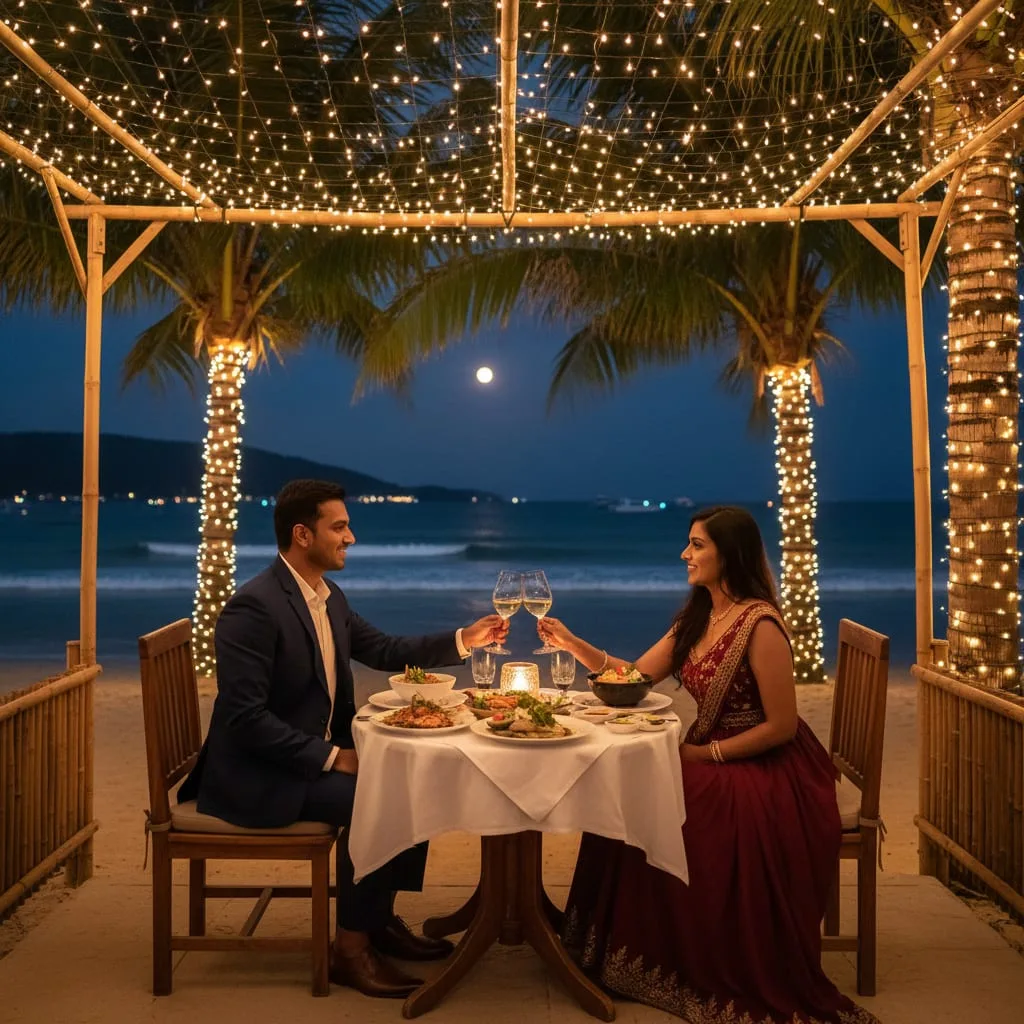 romantic beachside dinner Thailand fairy lights honeymoon