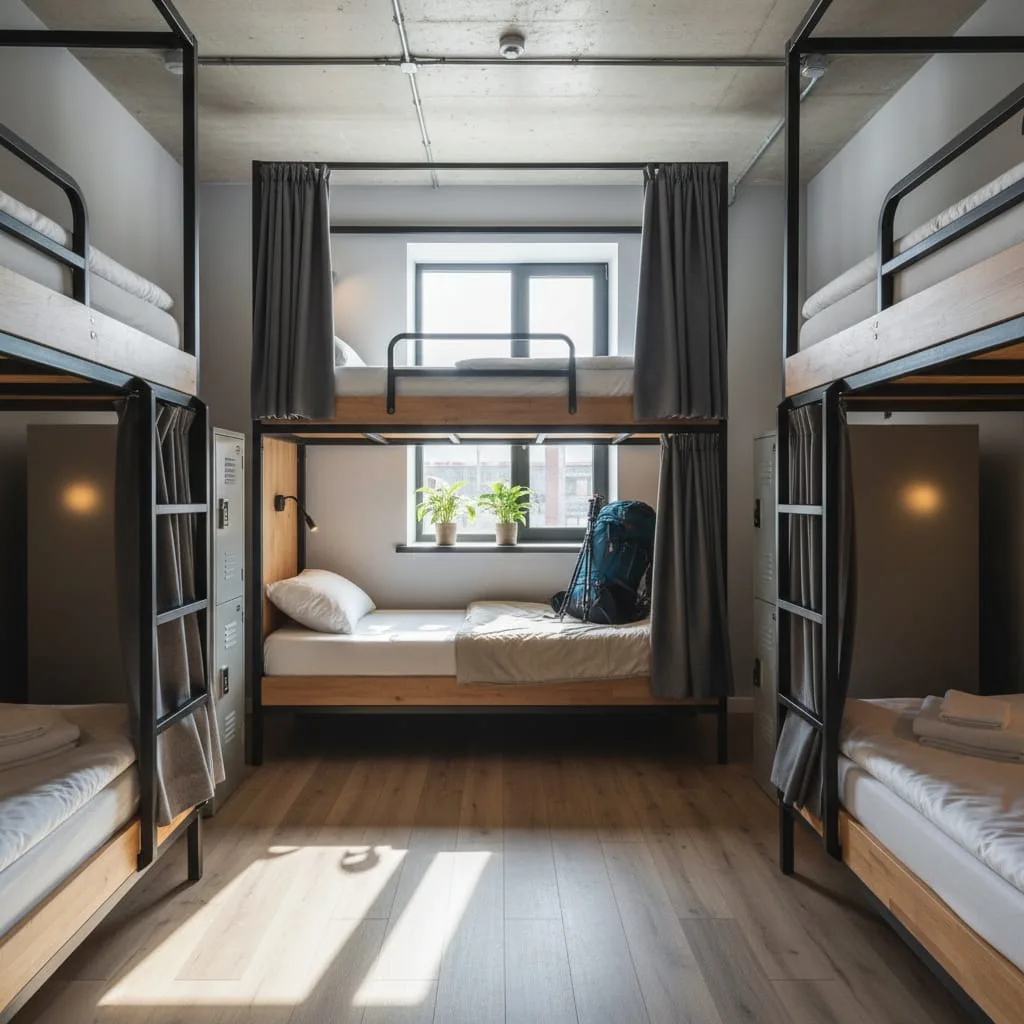 clean hostel dorm room with bunk beds and lockers for Indian travelers