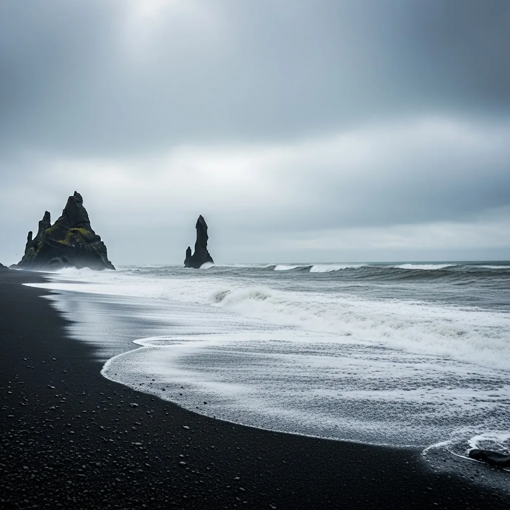 Reynisfjara black sand beach Iceland with basalt columns and crashing waves