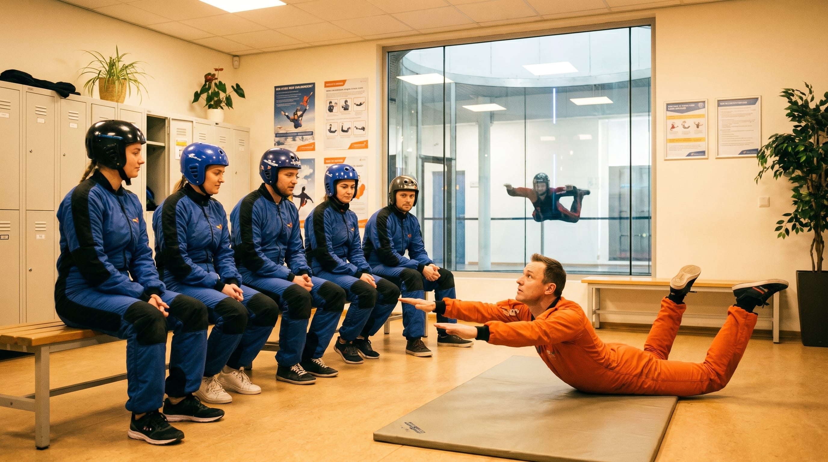 iFly Singapore training briefing before indoor skydiving with instructor demonstrating body position