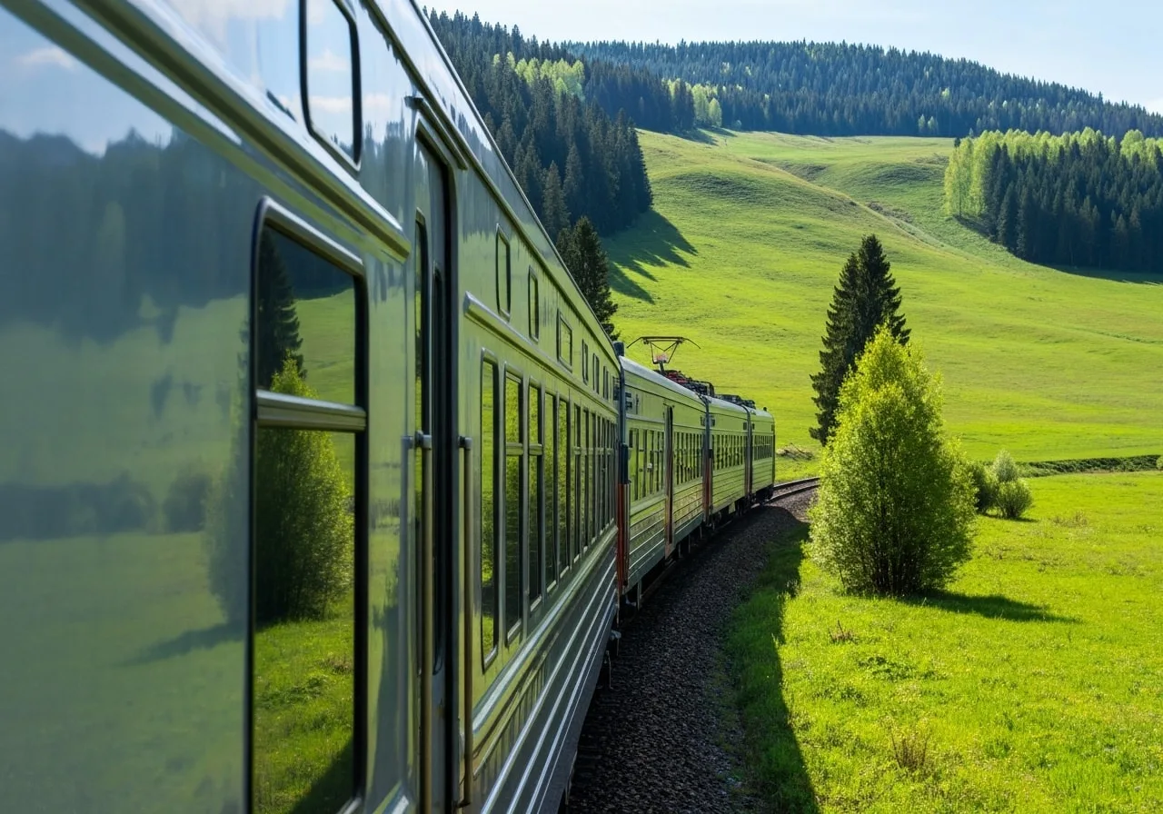 Trans-Siberian railway train traveling through snowy Siberian landscape