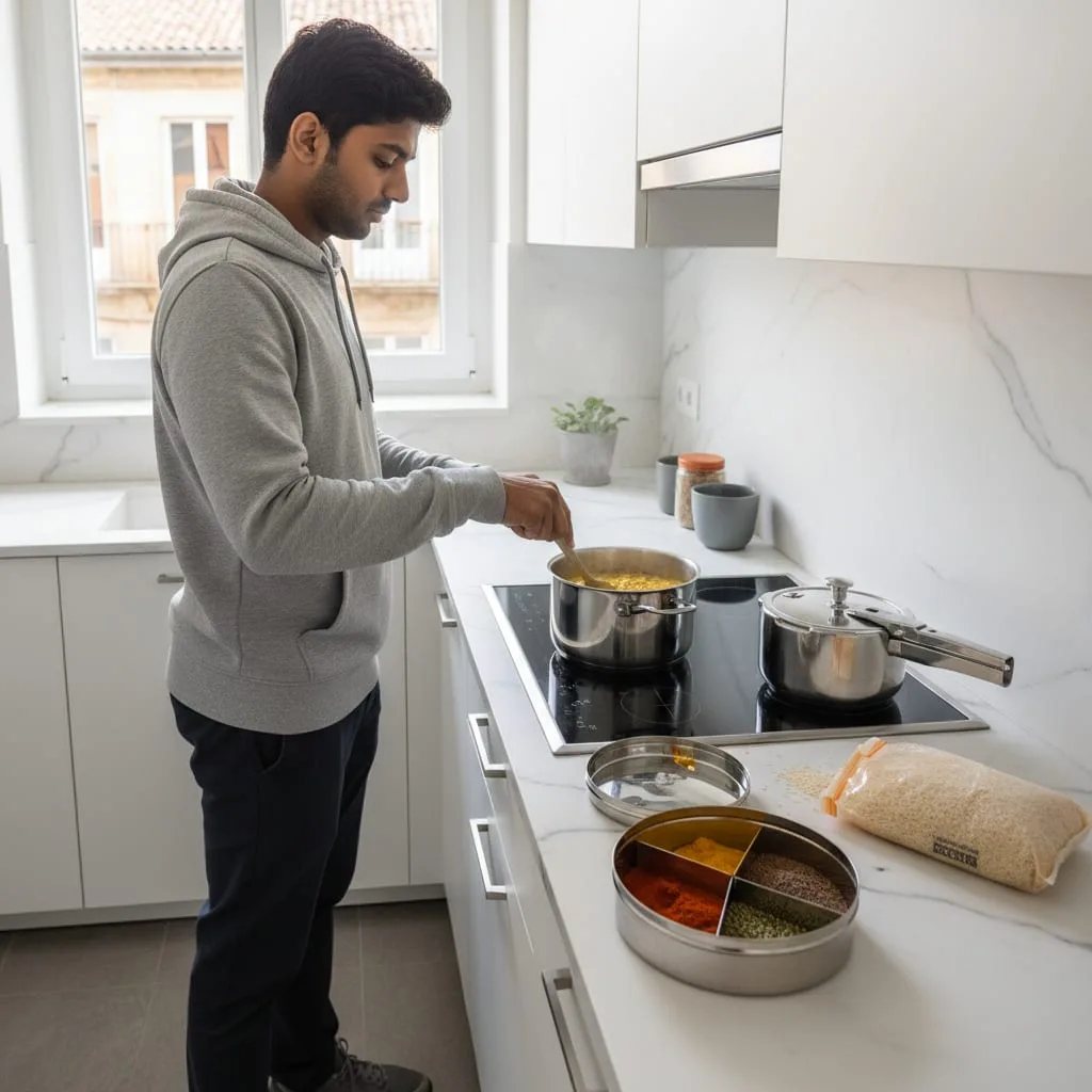 cooking Indian dal in an Airbnb kitchen abroad with spice box and pressure cooker