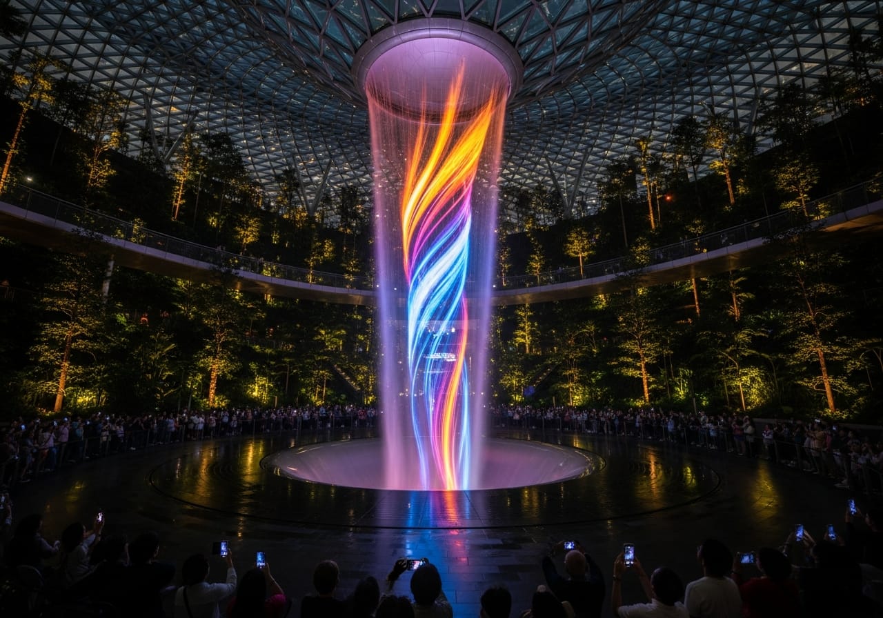 Evening light and sound show at the Jewel Changi rain vortex
