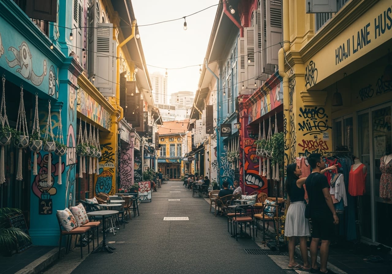 Colourful street art and indie shops along Haji Lane Singapore in Kampong Glam