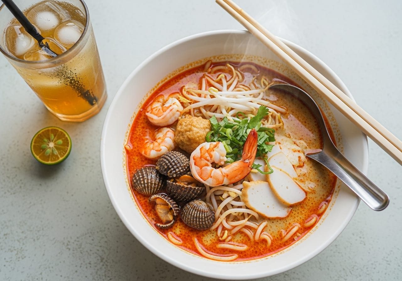 A bowl of Katong laksa in Katong joo chiat singapore, eaten with a spoon