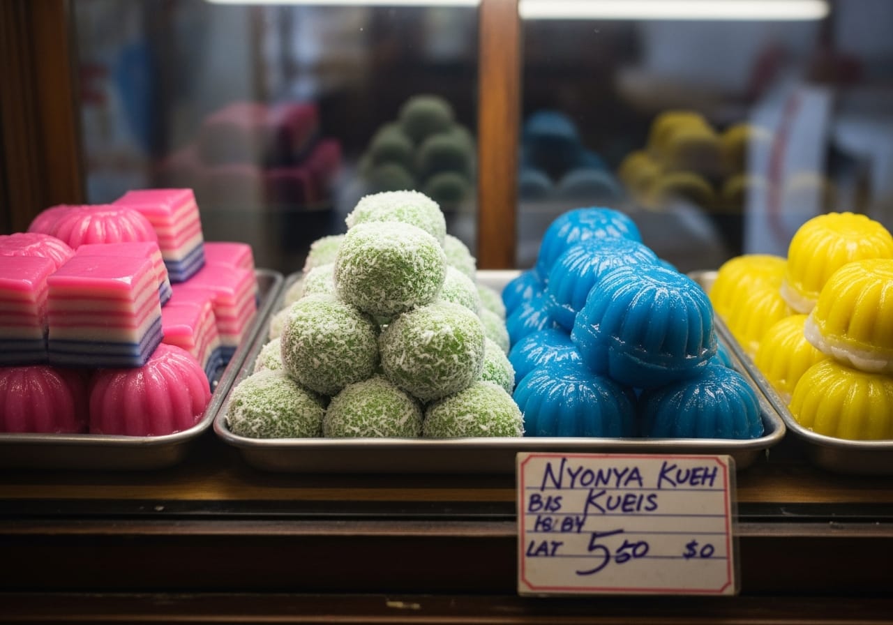 Colourful Nyonya kueh, traditional Peranakan sweets, in a Katong bakery display