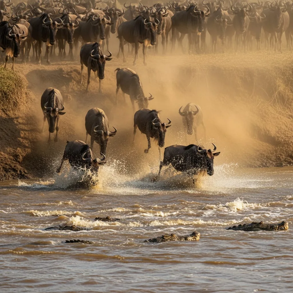 Great Migration wildebeest crossing Mara River Kenya
