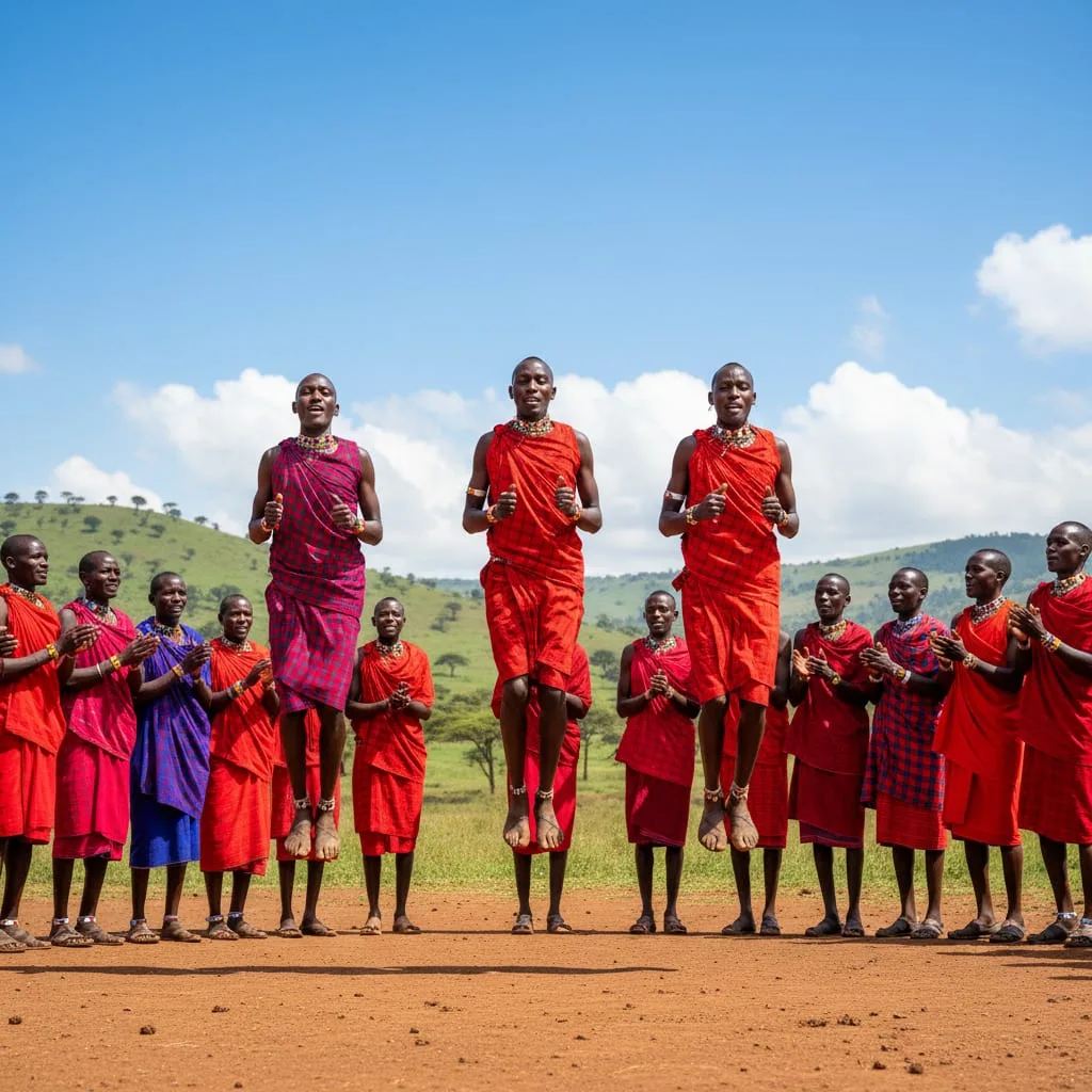 Maasai warriors traditional jumping dance Kenya