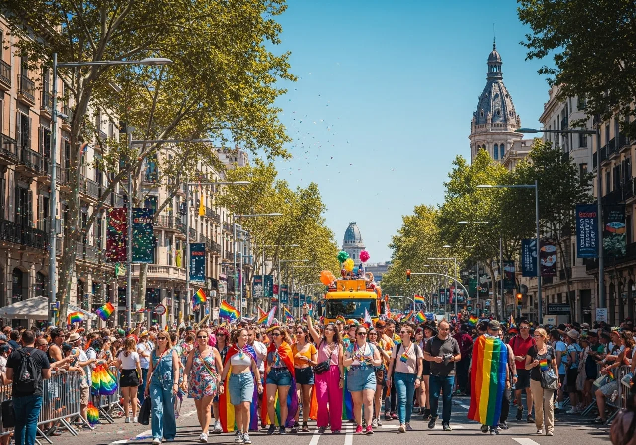 Barcelona Pride parade celebration with rainbow flags