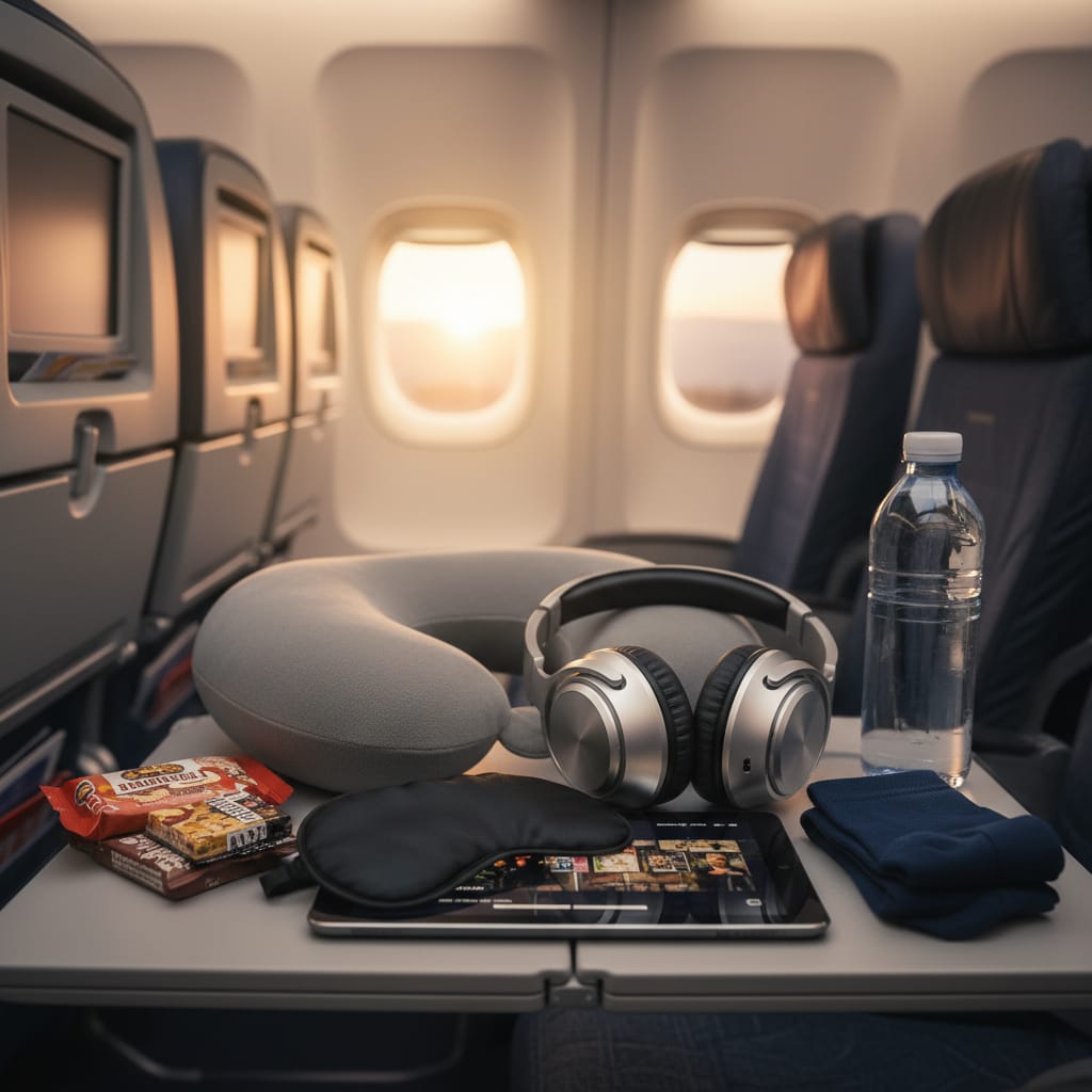 long haul flight tips essentials laid out on airplane tray table