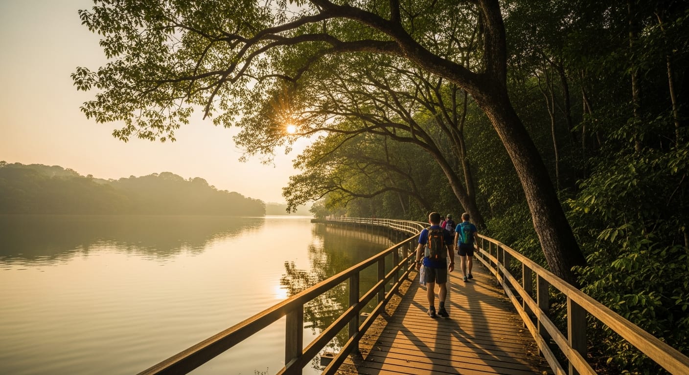 Boardwalk along the macritchie reservoir singapore nature trail in early morning light