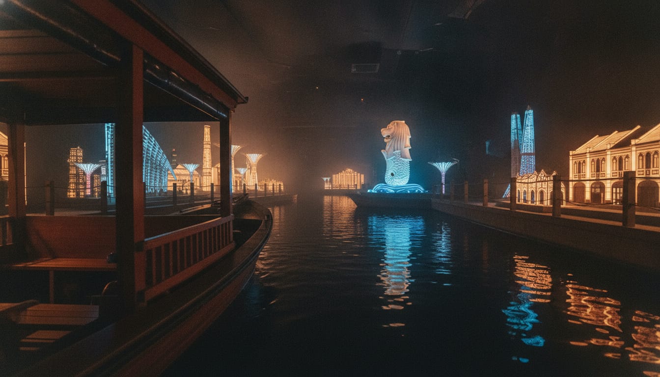 Spirit of Singapore indoor boat ride at Madame Tussauds Singapore with illuminated Merlion
