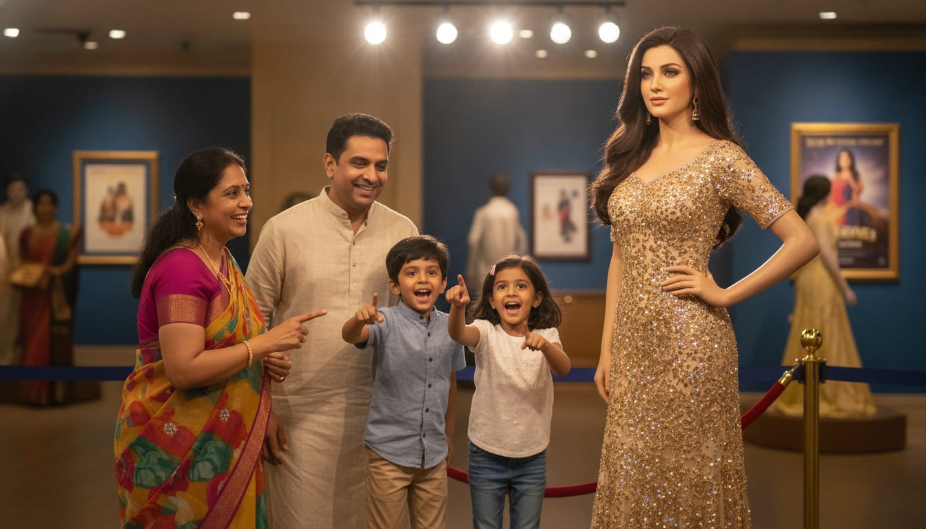 Indian family posing with a Bollywood wax figure at Madame Tussauds Singapore