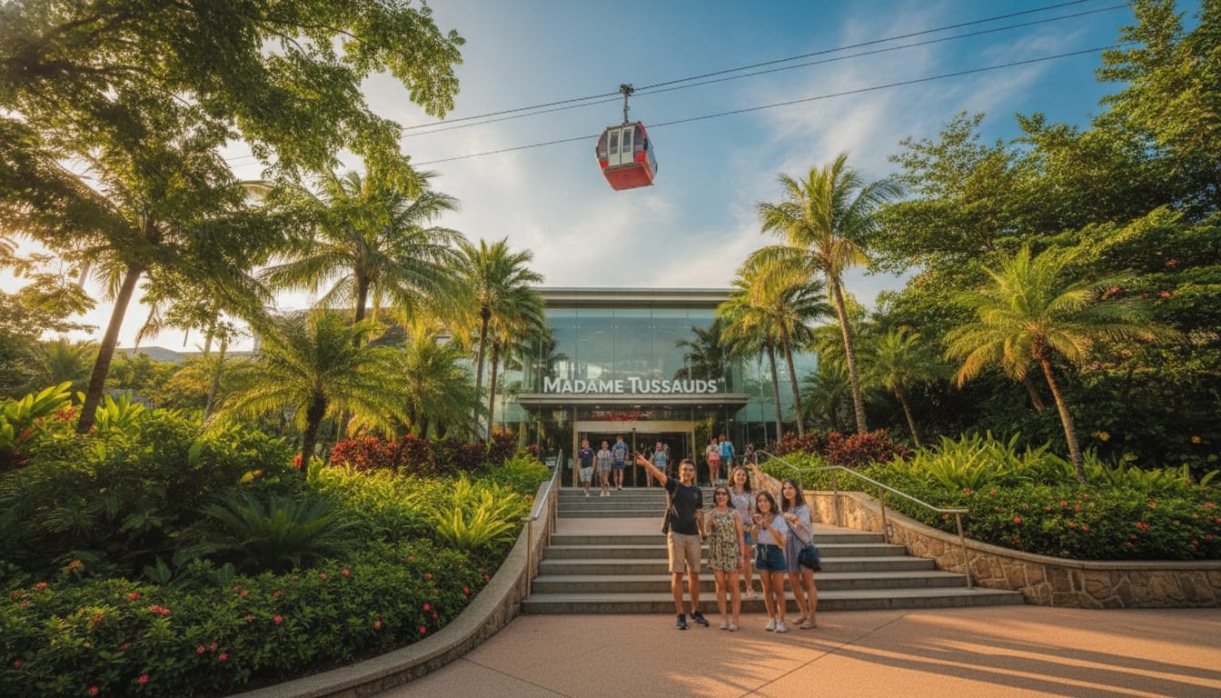 Entrance to Madame Tussauds Singapore at Imbiah Lookout with the Sentosa cable car overhead