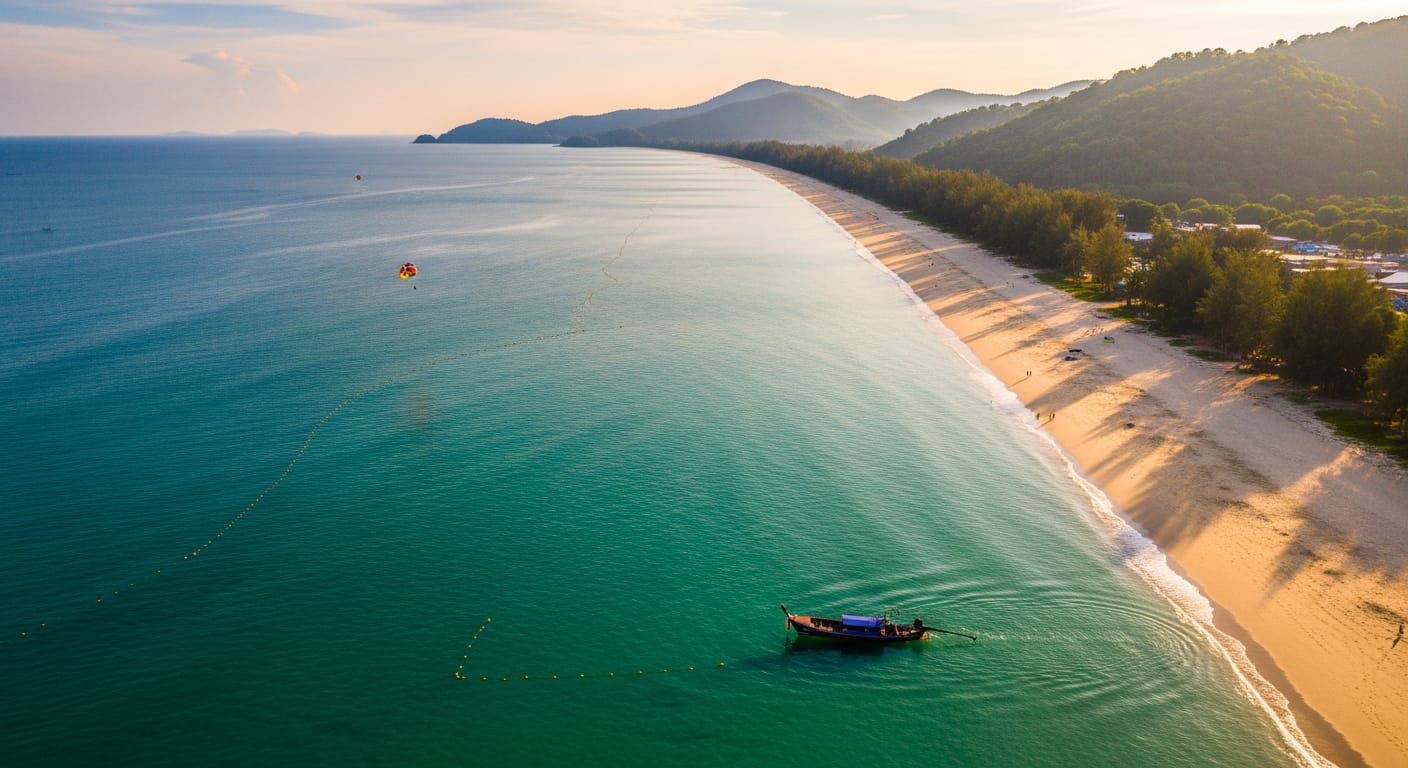 Aerial view of Langkawi's Pantai Cenang beach on a Malaysia trip from Bangalore