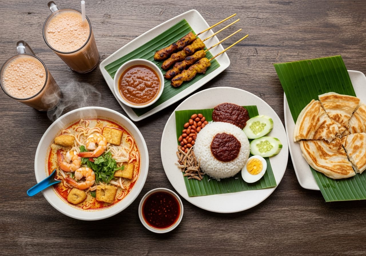 Malaysian nasi lemak and satay spread on a Delhi to Malaysia trip