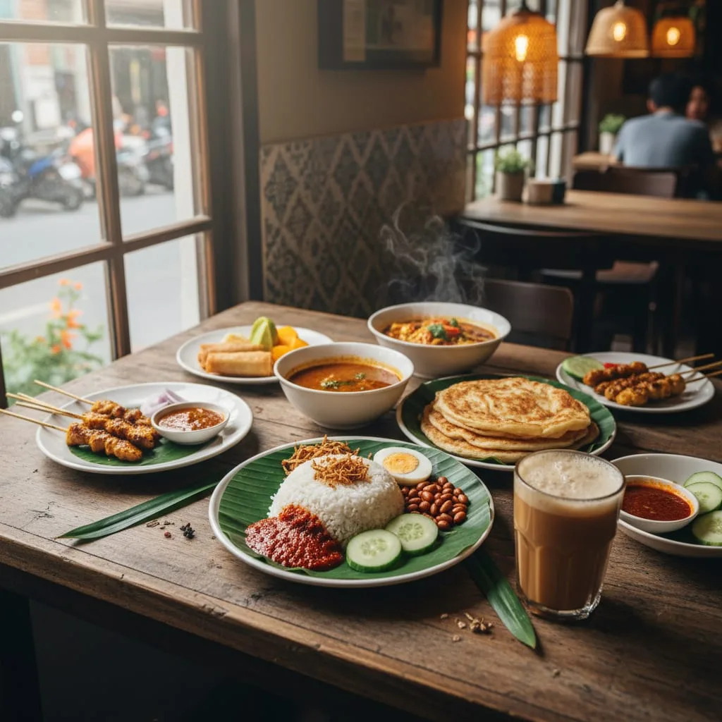 Malaysian cuisine spread with nasi lemak satay and teh tarik
