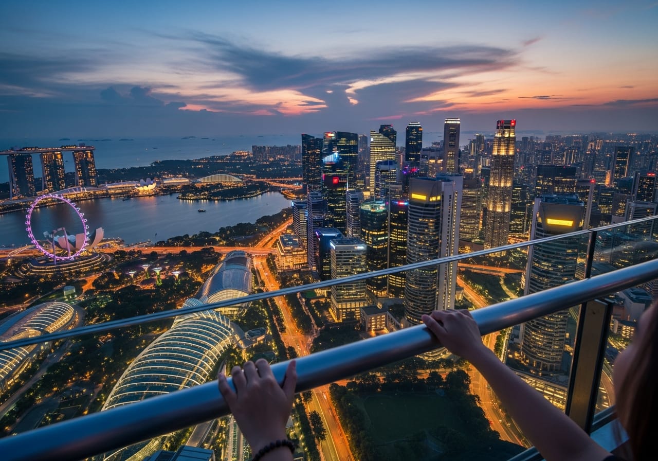 Traveler at the railing of the marina bay sands skypark observation deck looking over the Singapore skyline at dusk