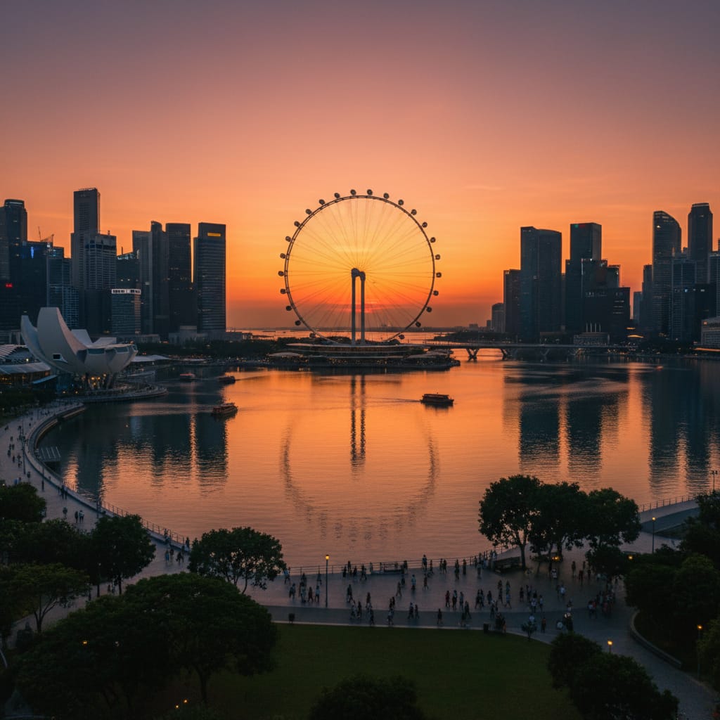 Singapore Flyer observation wheel at sunset with Marina Bay skyline in background