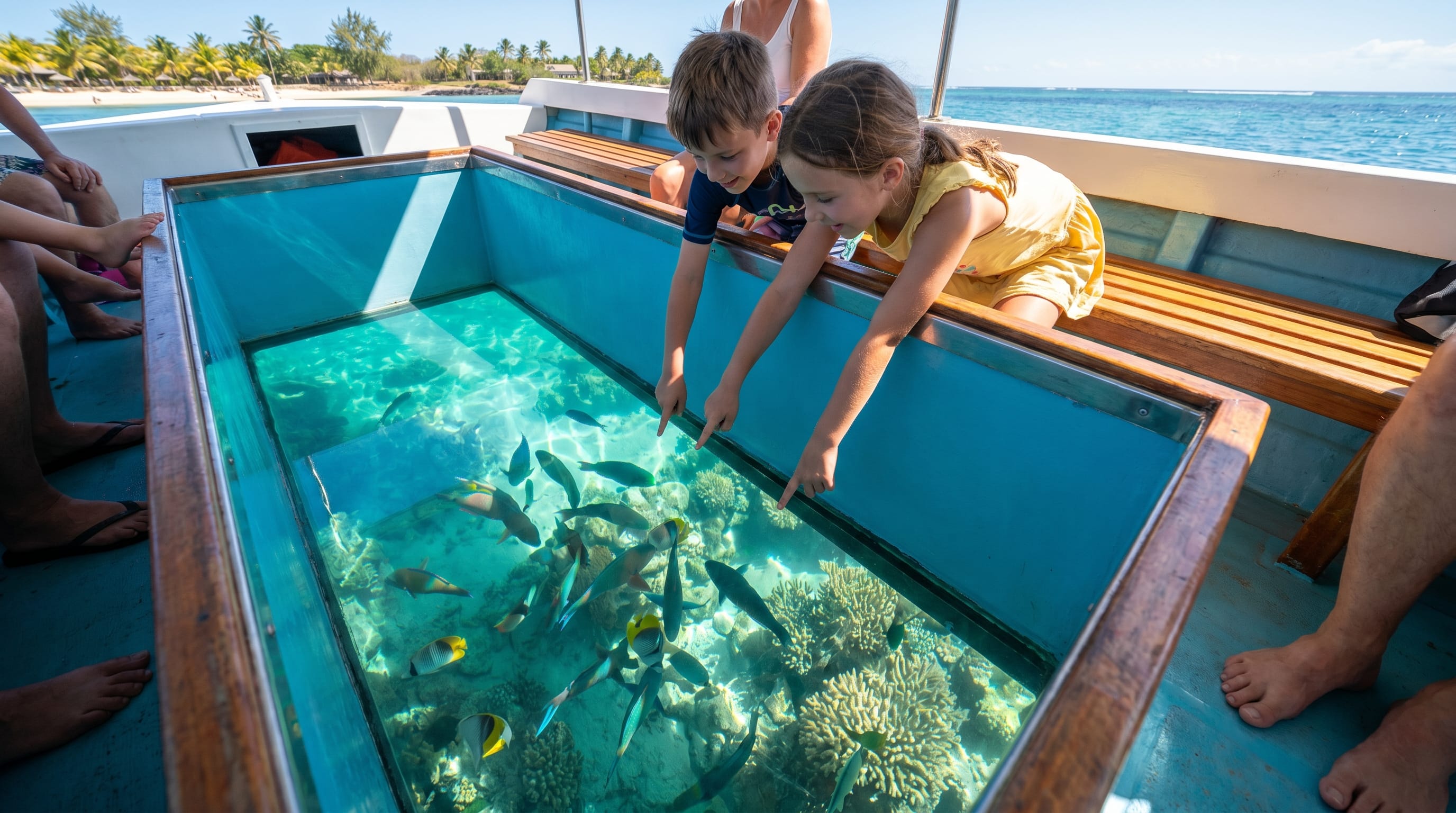 Kids on a glass-bottom boat over the reef, a top thing to do in Mauritius for family with children