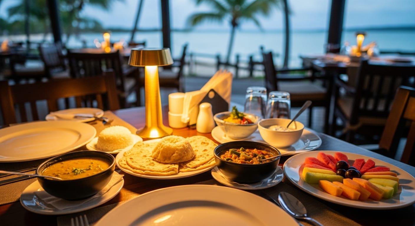 Vegetarian Indian family dinner at a resort, easy food when visiting Mauritius with kids