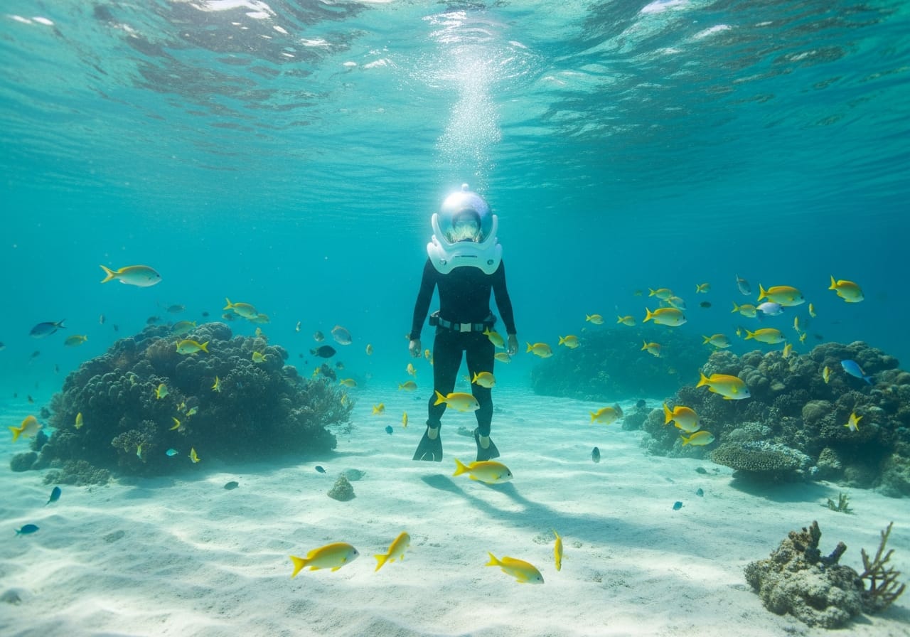 Underwater sea walk among reef fish, a highlight of a Bangalore to Mauritius trip