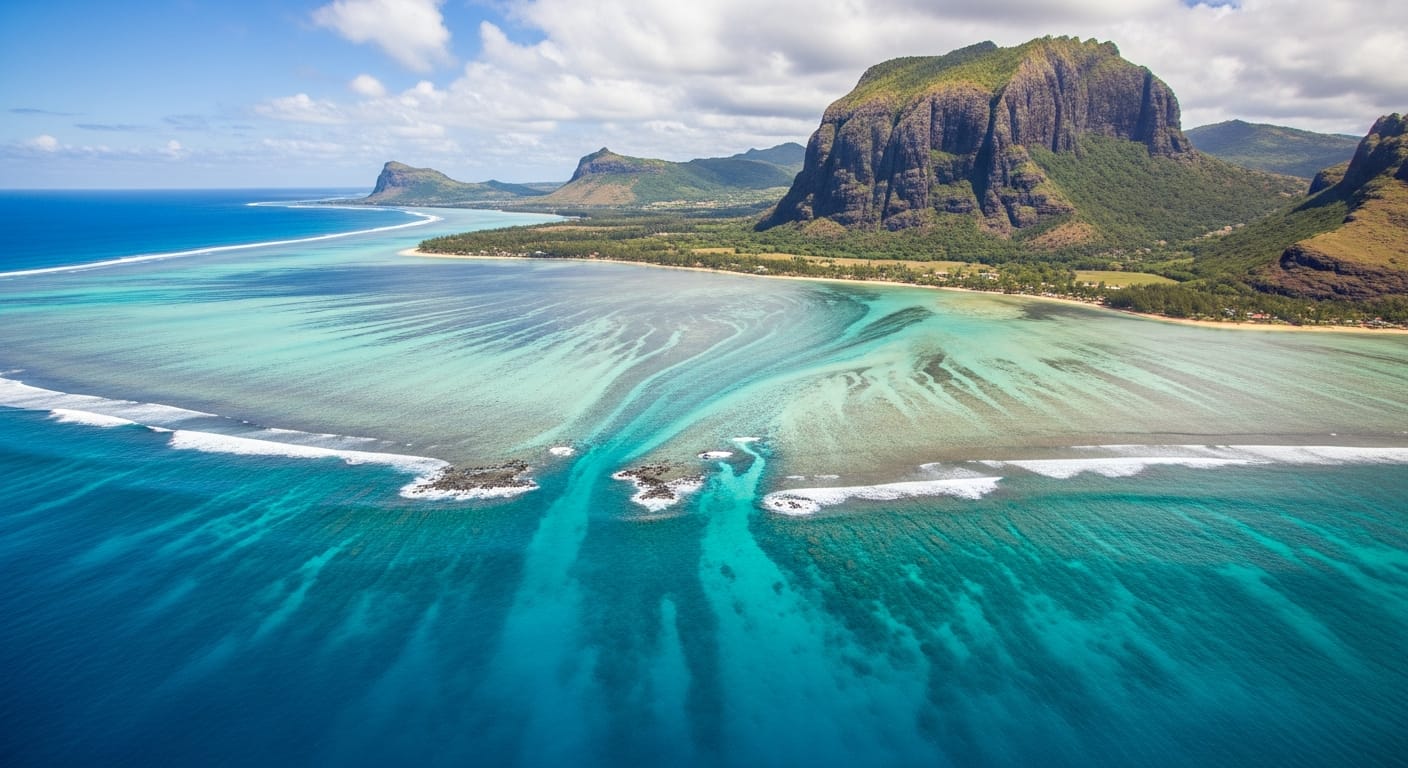 Aerial view of Le Morne lagoon, a highlight of any mauritius tour package from mumbai