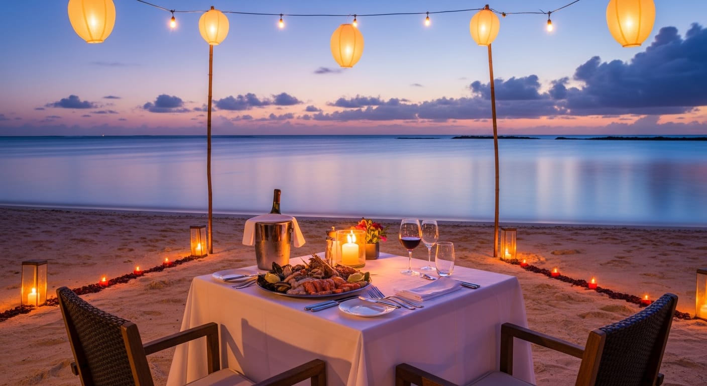 Candlelit beach dinner on a Mauritius honeymoon from Mumbai