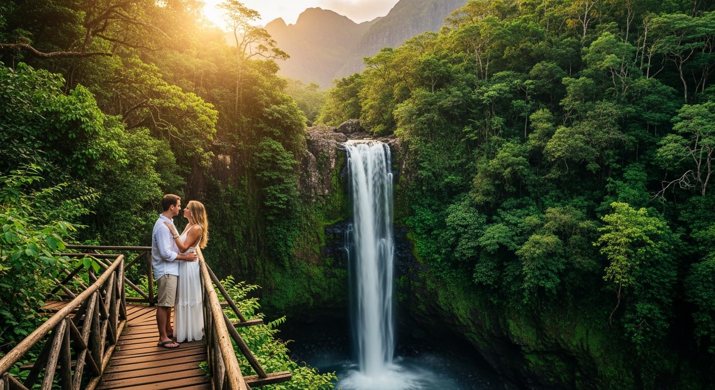 Honeymoon couple at Chamarel waterfall in Mauritius, showing the variety in a mauritius or maldives for honeymoon comparison