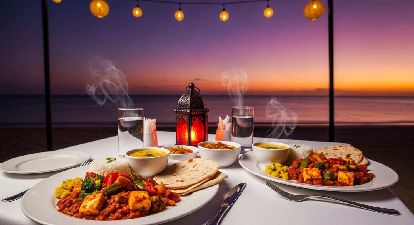 Candlelit Indian-friendly beach dinner in Mauritius at sunset