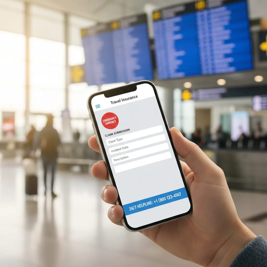 travel insurance app on smartphone showing emergency helpline and claim options