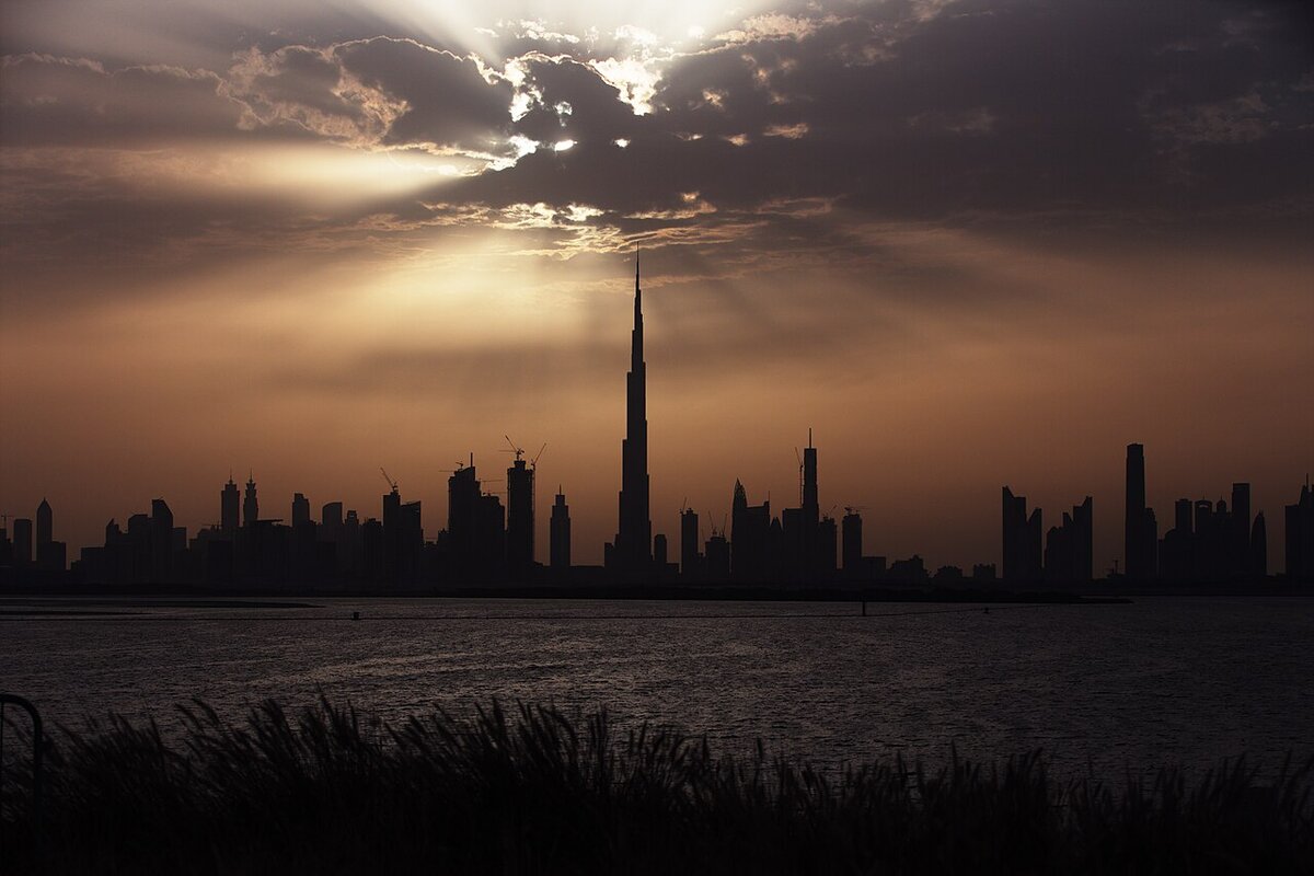 Dubai skyline with Burj Khalifa at sunset