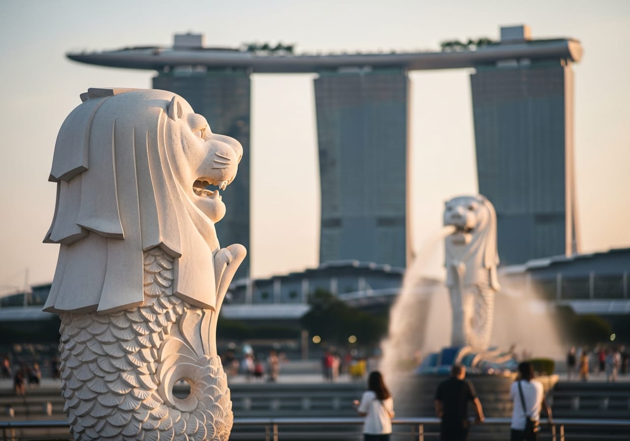 The smaller 2-metre Merlion cub statue at Merlion Park Singapore