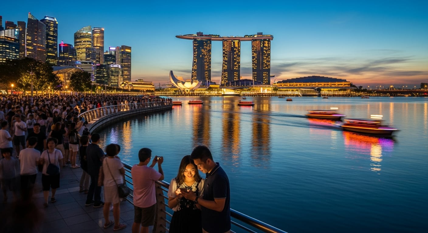 Marina Bay waterfront promenade near Merlion Park Singapore lit up at blue hour