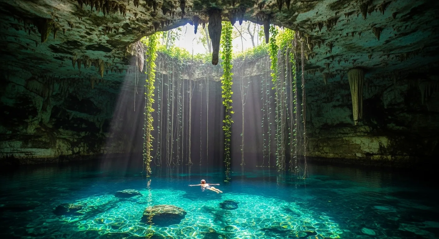 Cenote swimming crystal clear water Yucatan Mexico