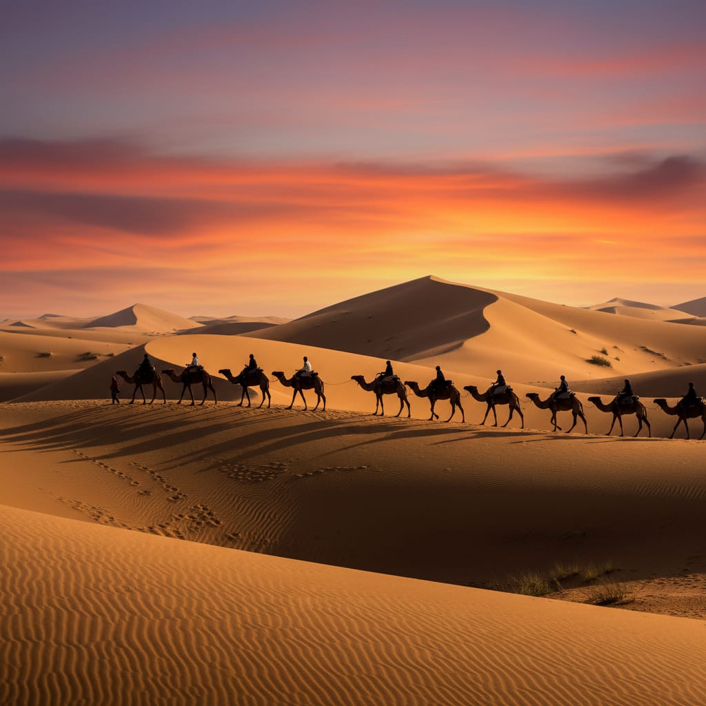 Sahara desert tour India - camel caravan on sand dunes at sunset