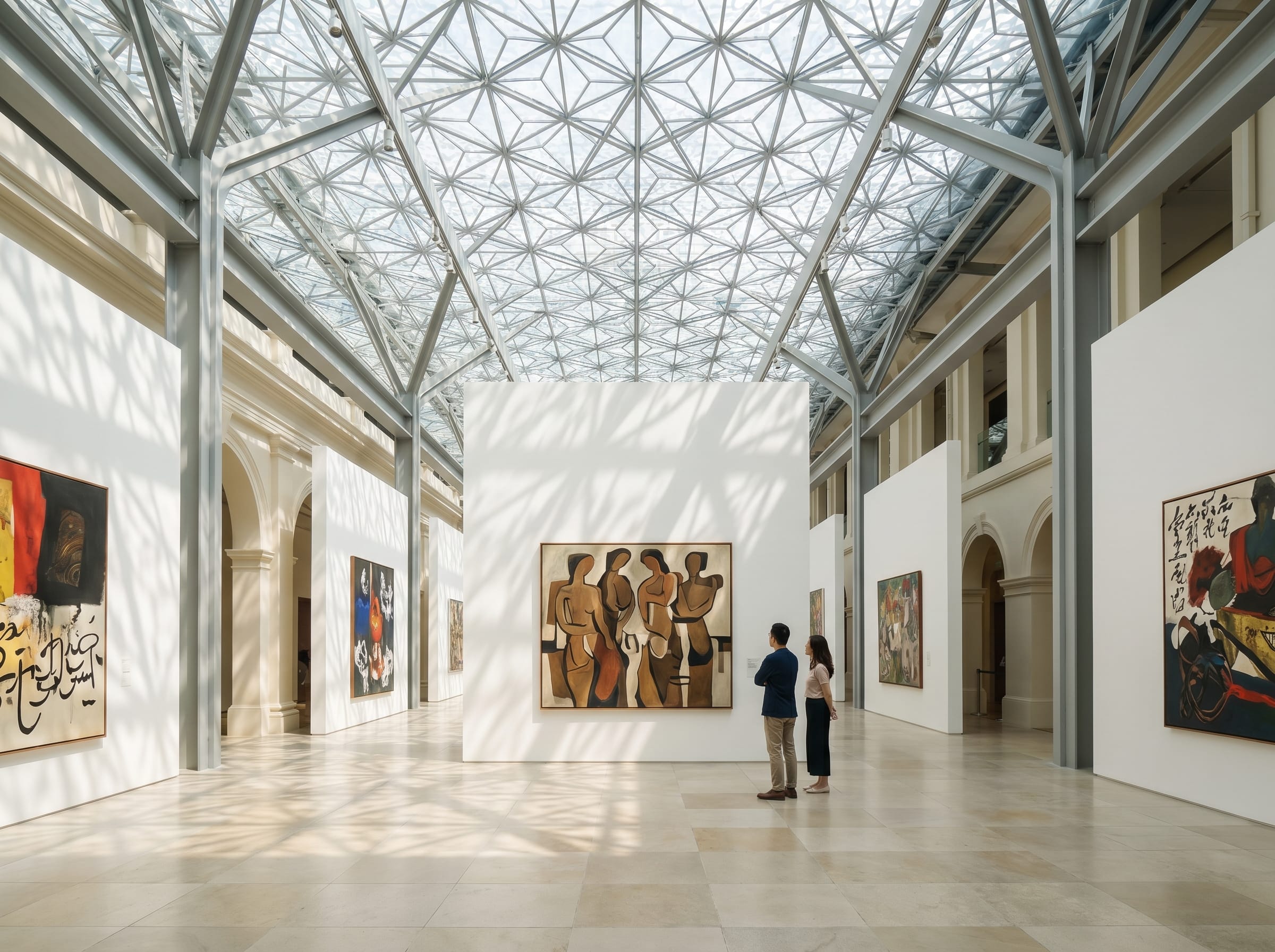 Inside the national gallery singapore modern art halls under the glass roof canopy