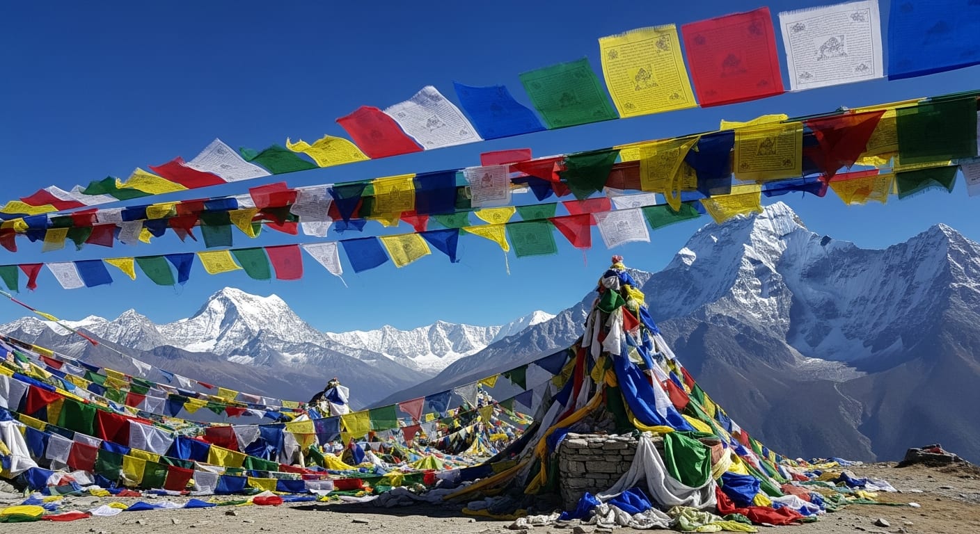 colorful prayer flags at Thorong La mountain pass Nepal trek