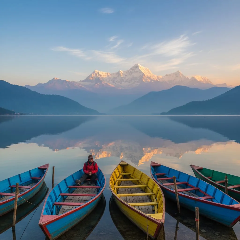 Pokhara lakeside with Phewa Lake reflecting Annapurna mountain range in the background at sunrise