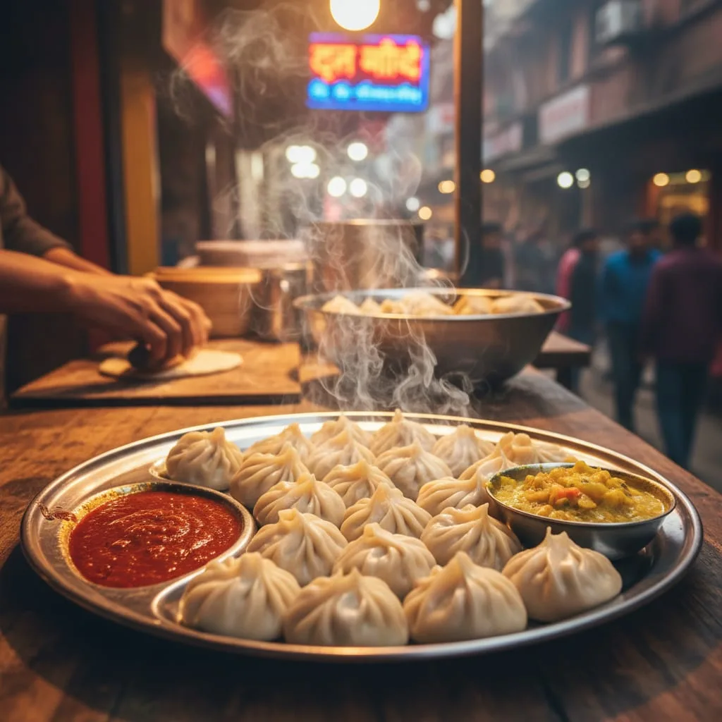 Steaming plate of Nepali momos with red chili sauce at a street stall in Thamel Kathmandu