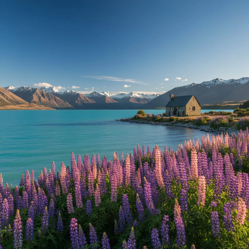 Lake Tekapo turquoise glacial water with Church of the Good Shepherd and Southern Alps