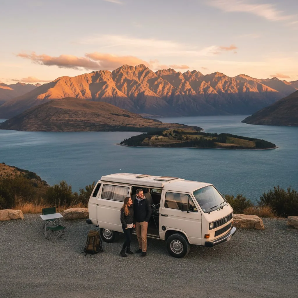 New zealand trip india campervan at Queenstown lookout overlooking Lake Wakatipu