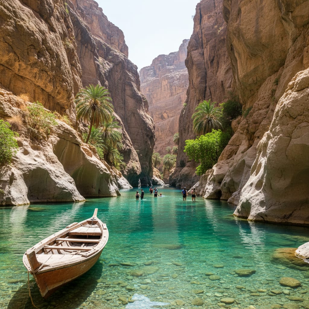 Wadi Shab Oman turquoise canyon water palms