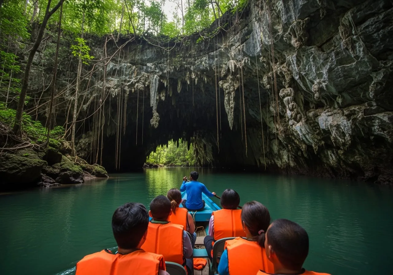 underground river palawan boat entrance cave limestone